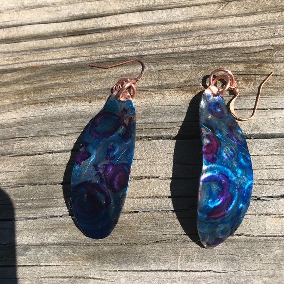 Handmade Solid Copper Earrings Blue Patina Embossed Abstract Circles Bohemian - Picture 5 of 7